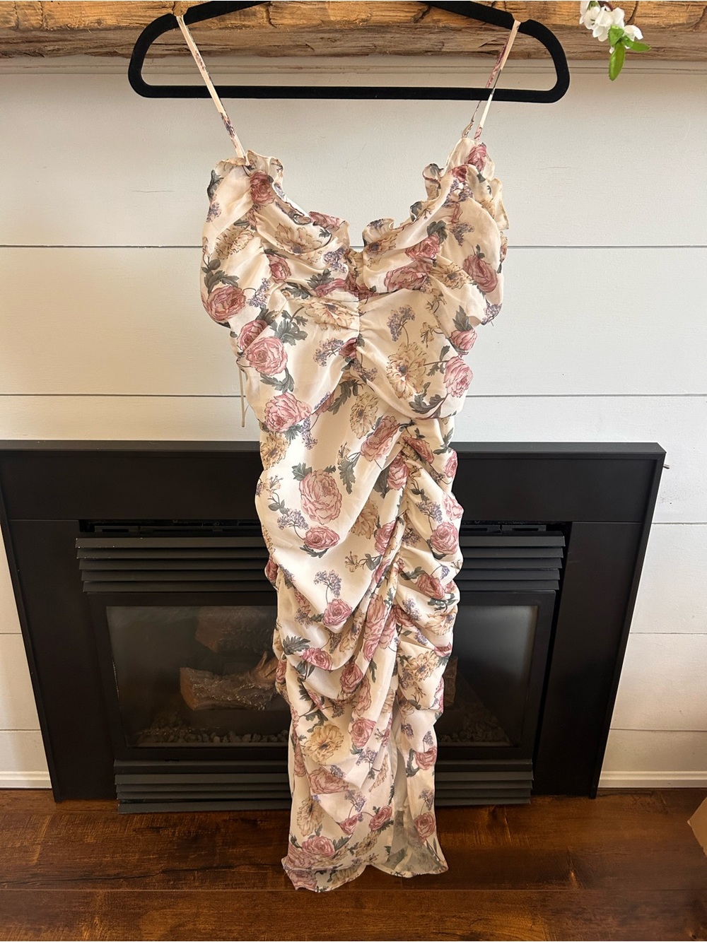 Ruched Cream Midi Dress with Pink Rose Print